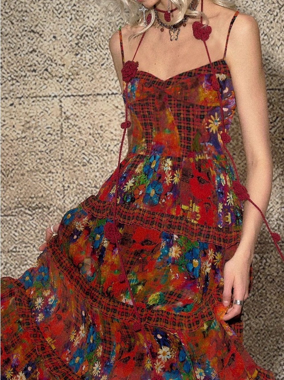 Floral Plaid Red Boho Maxi Dress with Spaghetti Straps nwt - Picture 3 of 10